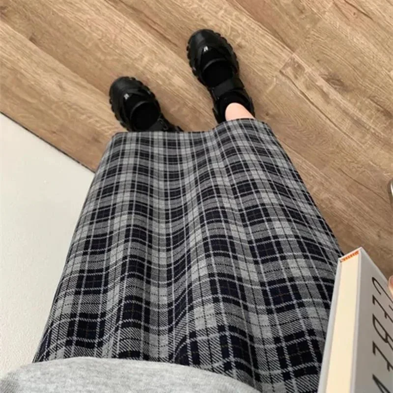 Woolen Half Skirt Plaid High Waist Middle Long High Waist Thickened Split Half Skirt Korean Fashion Skirts Clothes for Women