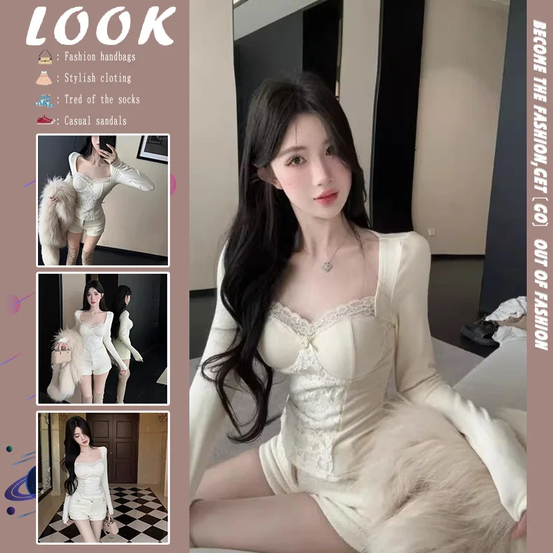 2026 Pure Desire Spicy Girl Square Collar Fishbone Top Women's Autumn Winter Small Fragrance Style Fleece Lined Lace Base Shi...