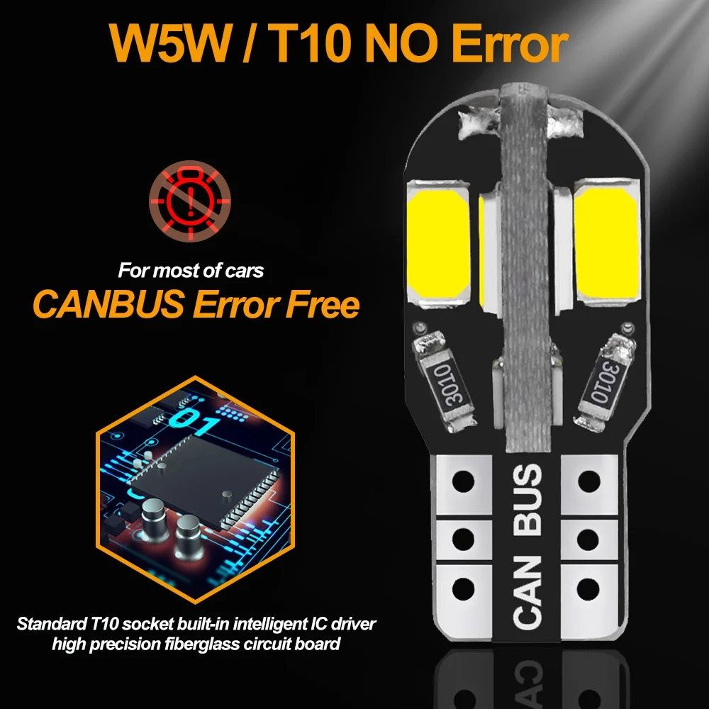 مصابيح LED W5W T10 Canbus 5730 8SMD 12V 6000K 194 168، إضاءة داخلية للسيارة، مصابيح خريطة، إضاءة موقف السيارة، مصباح إشارة تلقائي - 6