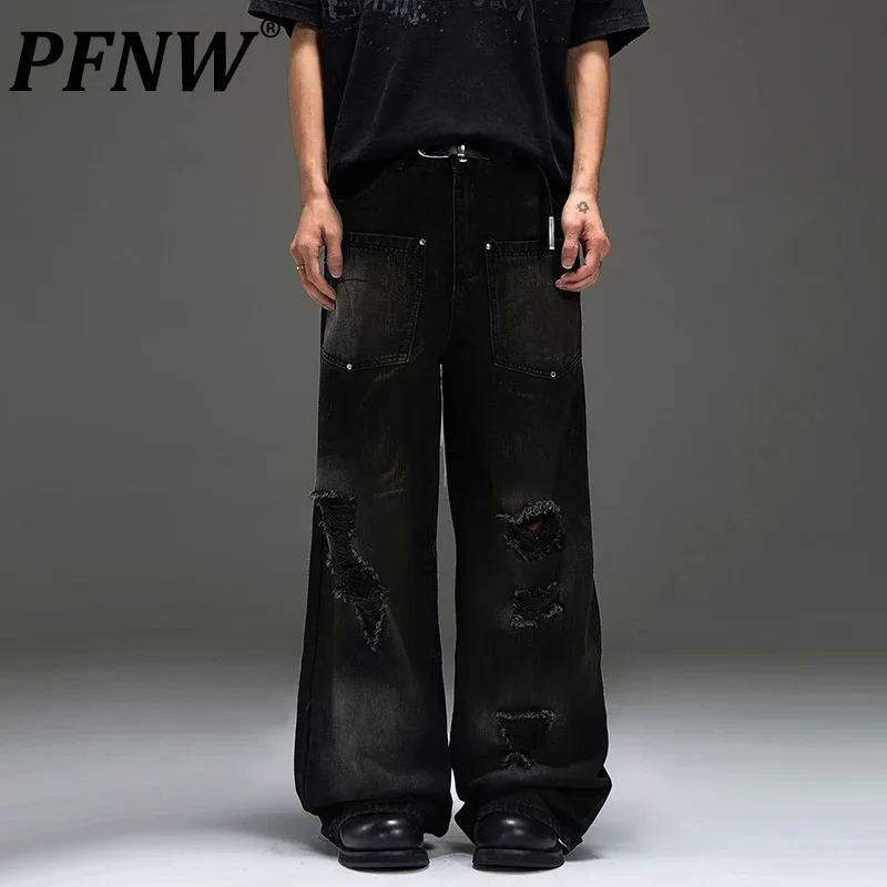 

PFNW Front Pocket Ripped Design High Street Jeans Men's Worn-out Dirty Washed Loose Wide Leg Pants Chic Trousers Autumn 28W4319