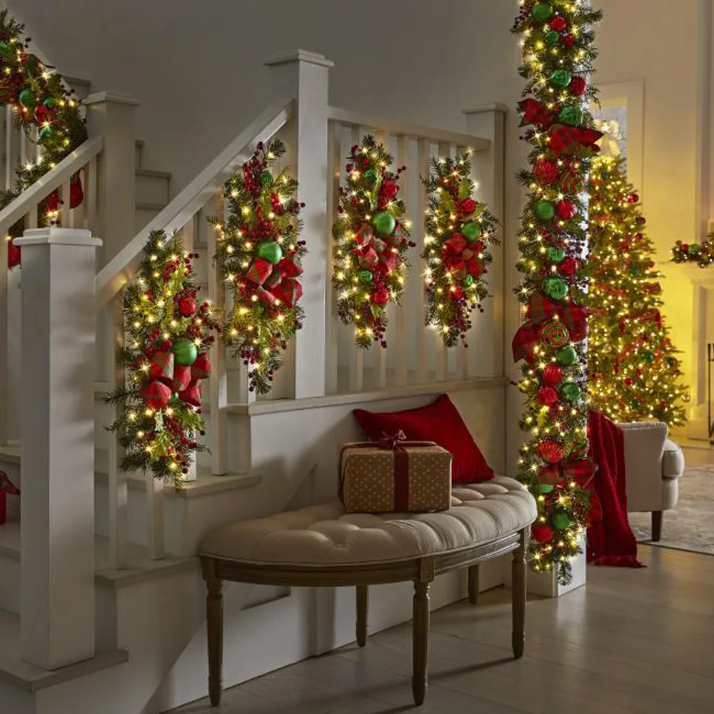 60x30cm Christmas Decor Stair Wreath with Light String Xmas Simulation Garland Gleamy Door Swag Garland for Christmas Party 2026