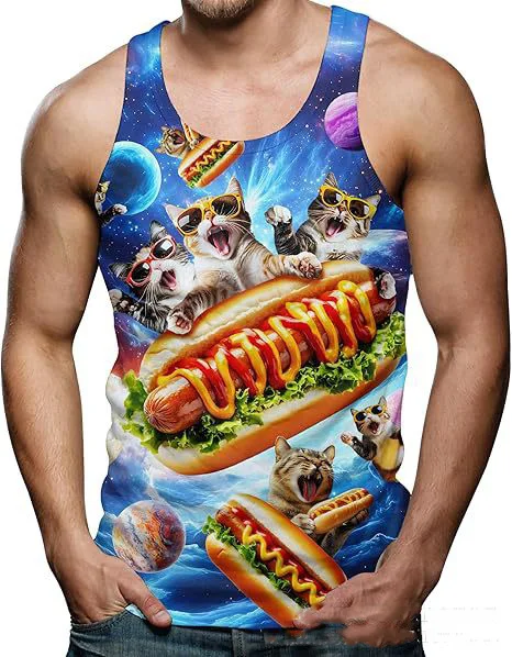Funny Shark Cat 3D Print Tank Tops Men's Summer Oversized O-Neck Vest Fitness Gym Streetwear Sleeveless Beach Tops Men Clothing