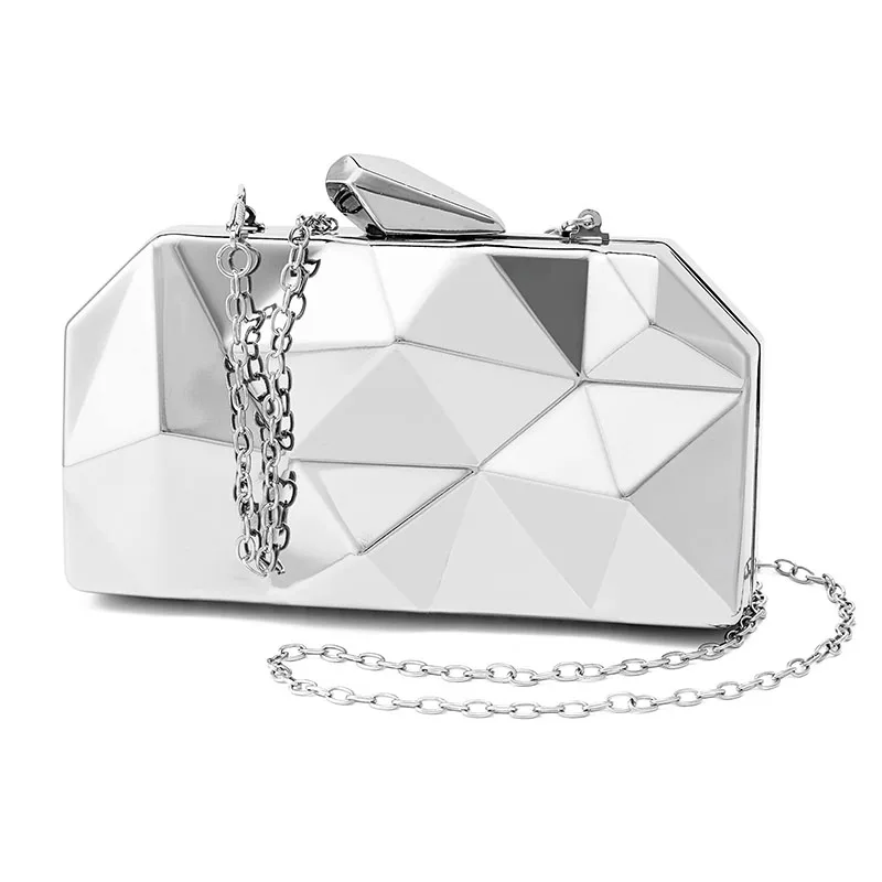 Silver Gold Geometric Evening Clutch Purse Women Lattice Pattern Metal Handbag Crossbody Shoulder Box Wedding Bridal Chain Bag