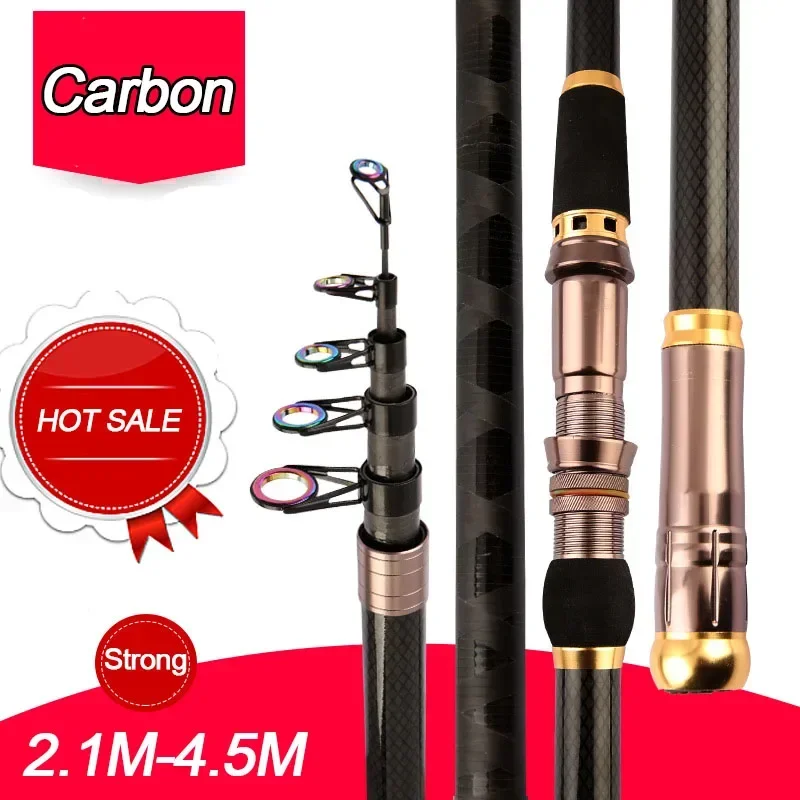 Vara de pesca telescópica super dura de fibra de carbono 2.1m-4.5m forte portátil vara de pesca giratória viagem mar barco rocha vara de pesca