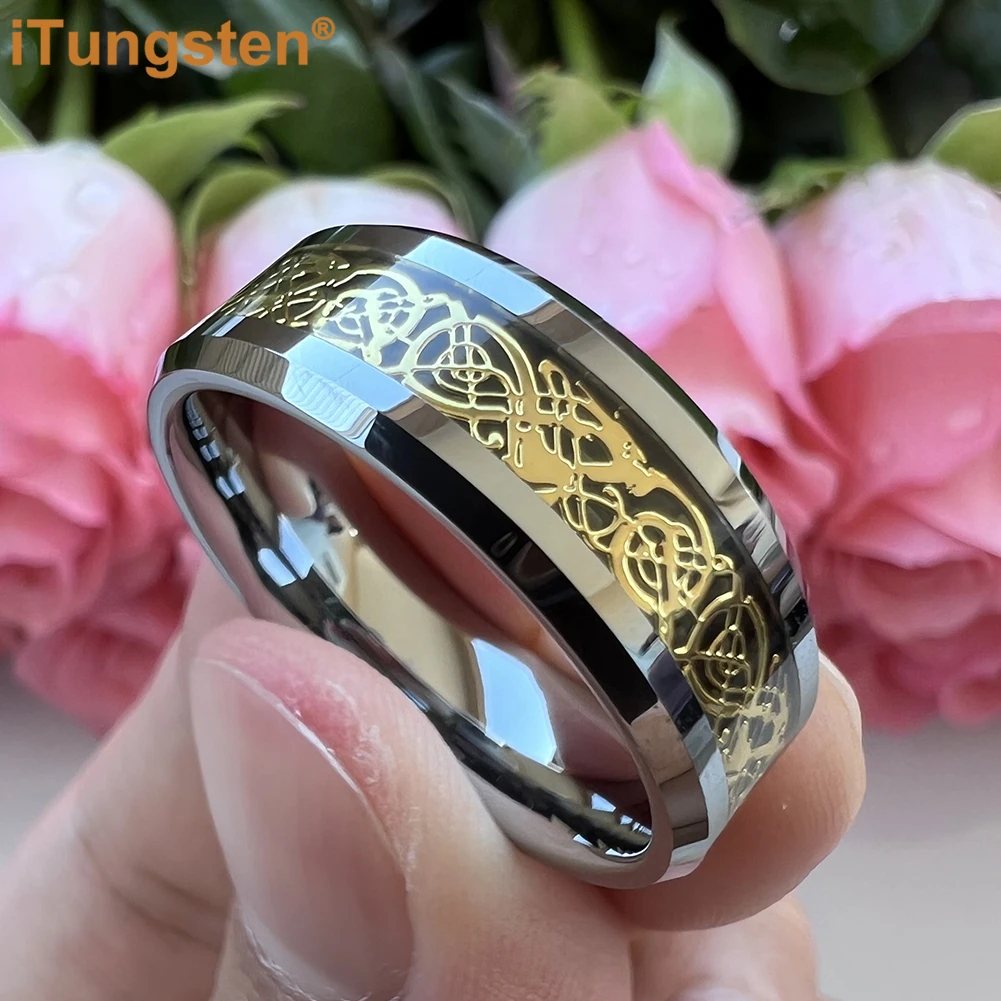 iTungsten 6/8mm Tungsten Dragon Ring for Men Women Engagement Wedding Band Fashion Jewelry Carbon Fiber Inlay Beveled