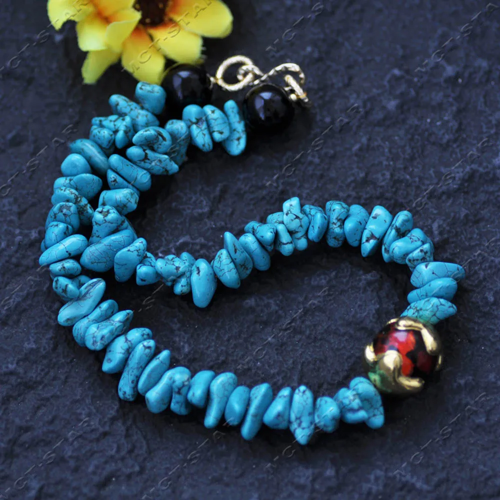 

Z14543 18'' 25mm Blue Baroque Turquoise Irregular Raw Ore Red Flame Glass Ball Black Agate Necklace