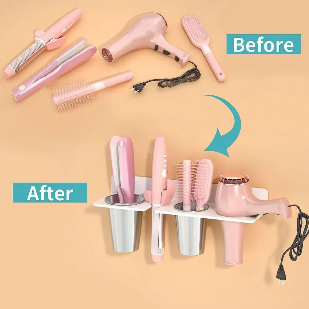 

Nail-free Storage Solution Acrylic Hair Tool Organizer with Cups for Bathroom Wall Mount Curling Wand Hair Dryer Holder Easy