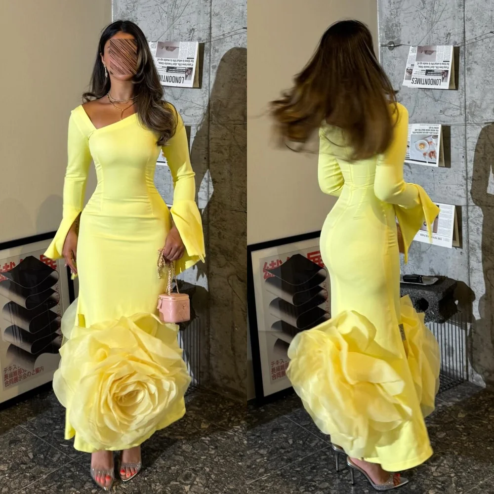

Customized Modern Style Jersey Handmade Flower Straight Off-the-shoulder Long Dresses Bespoke Occasion Dresses Exquisite Fashion