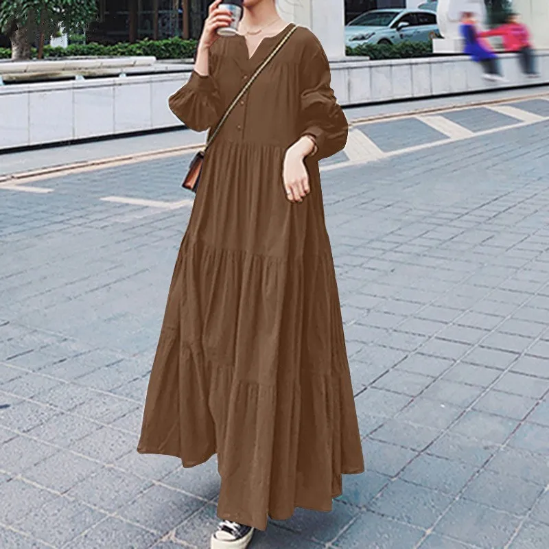 

Lotus Leaf Edge Large Display Solid Color Dress Autumn Long Sleeved V-neck Women's Long Loose Dress Vestidos De Fiesta Elegantes