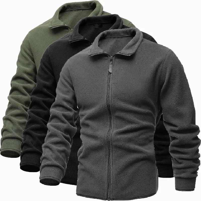 Men's Double-sided Fleece Casual Jacket Outdoor Tactical Slim Solid Color Zip-up Lapel Windproof Jacket