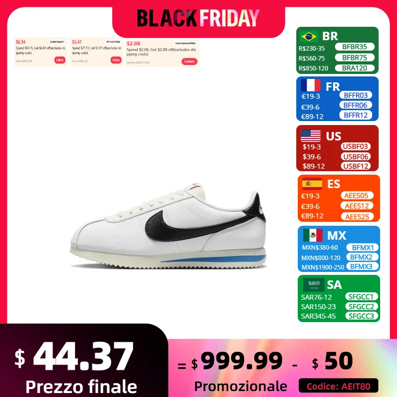 Nike New Cortez Low Men's and Women's Sneakers Retro Classic Running Shoes Breathable and lightweight Sneakers White&Black&Blue