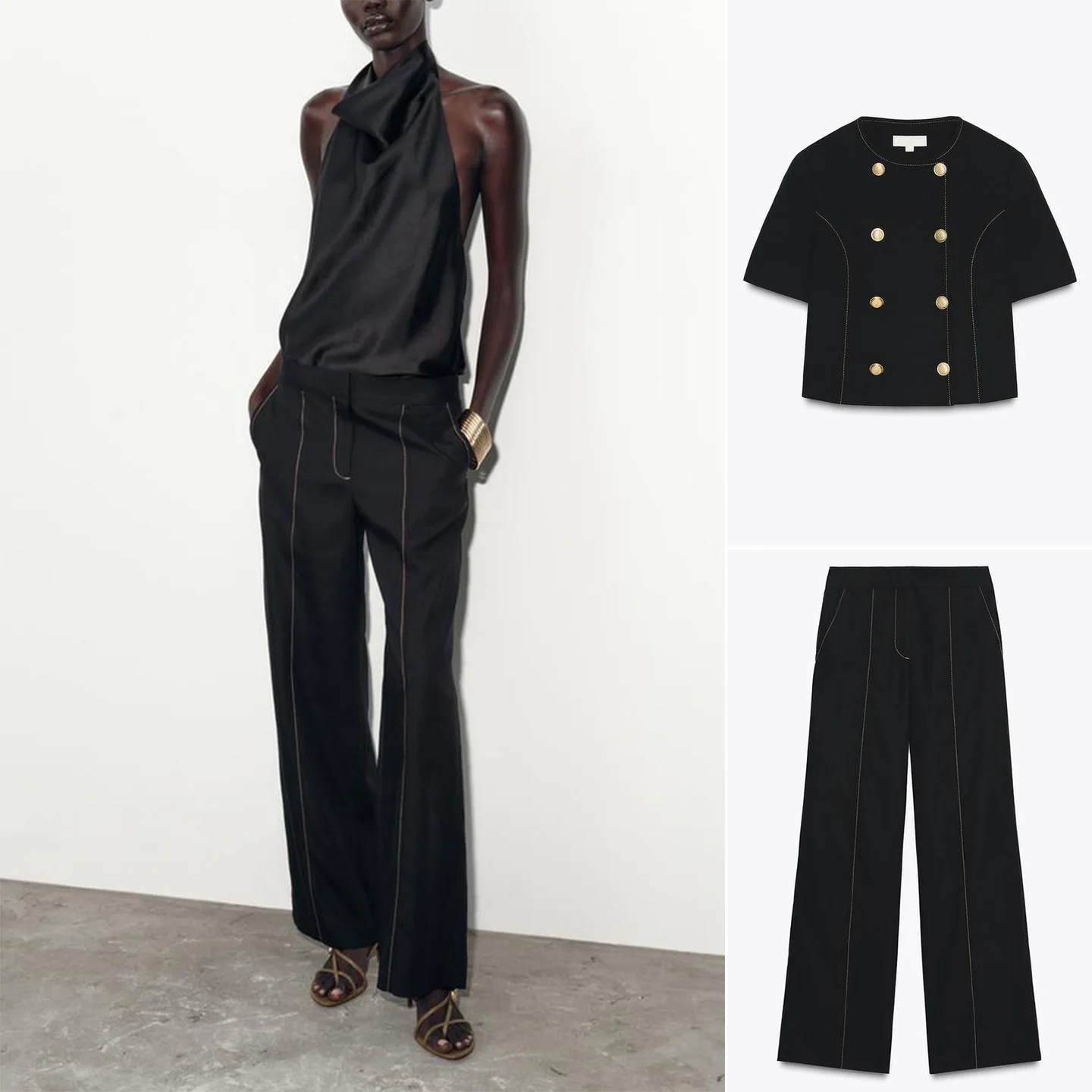 

Color Blo Stitching ort Sve Suit Jaet Casual Straight Leg Pants Women's Office Wear round Ne ort Sve Blouse