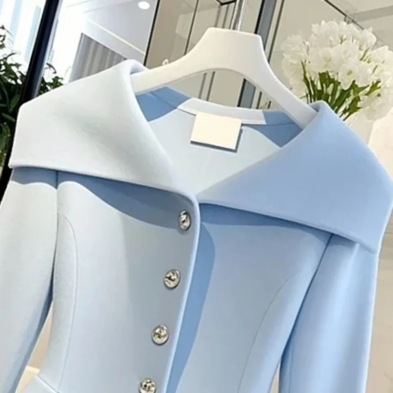 Autumn French Socialite Style Short Jacket Women Top Navy Collar High End Luxury Temperament Slim Fit Blazer Coat Women Clothing