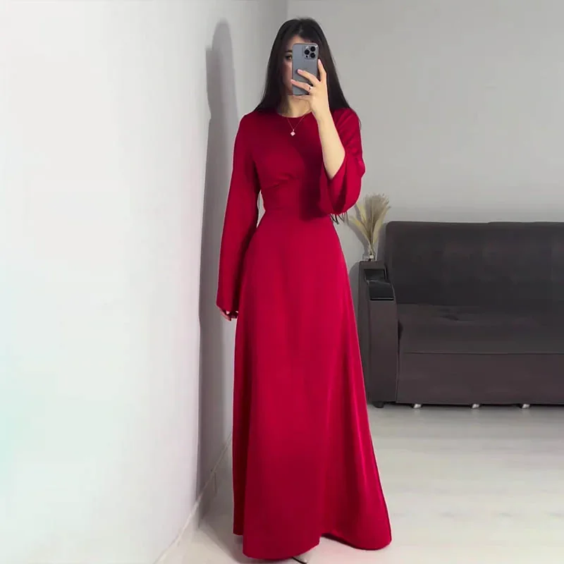 Women Clothing Lady Solid Satin Dress with Belt Femle Long Sleeve Elegant Long Dresses Partywear robes longues