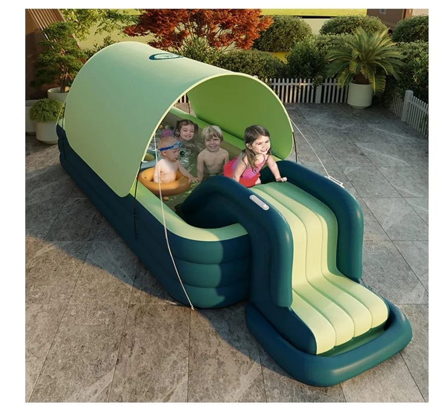 

Гигантский надувной бассейн с горкой, навесом от солнца и защитным чехлом 118.11x118.11x9.06 дюймов, водный игровой центр