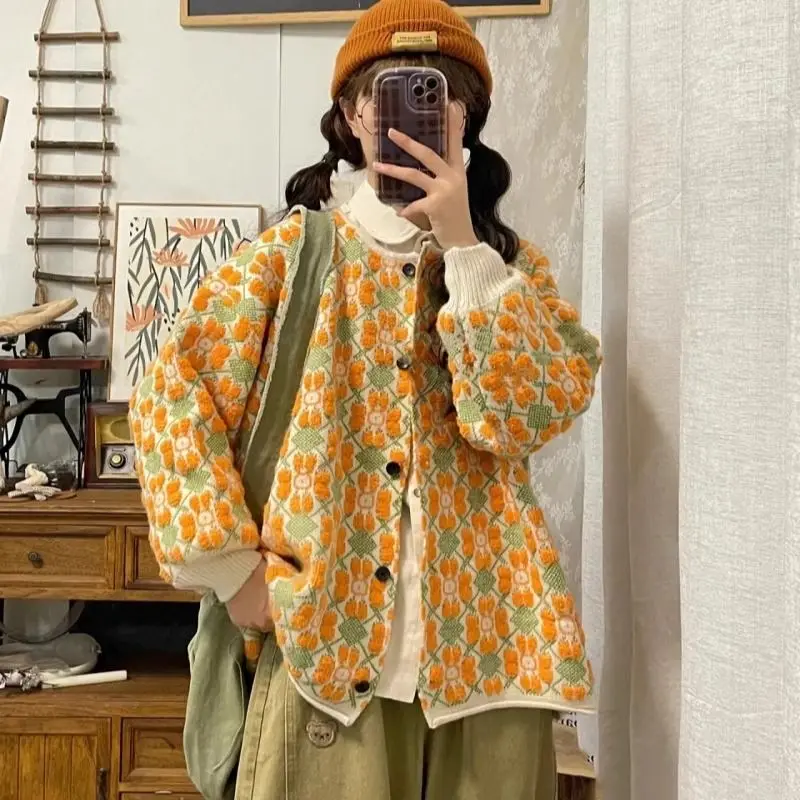 Y2k Harajuku Vintage Pumpkin Flowers Sweaters Autumn Women's Cardigan Coat Pull Femme Knitwear Top Knitted Cardigan