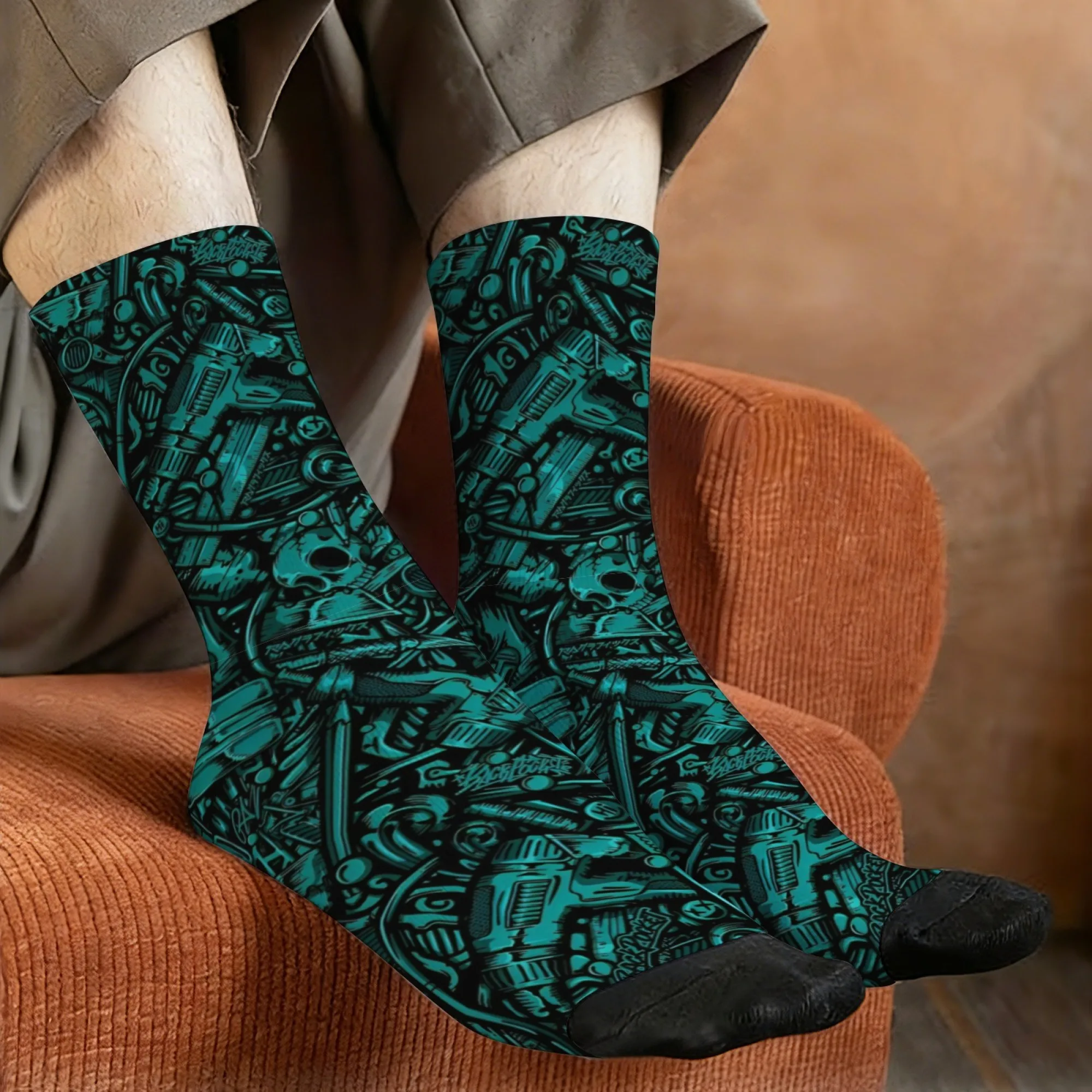 Harajuku Retro Cyber ​​Mechanical Dark Style Parts Skull Print Men's Socks Comfortable Breathable Non-Slip Casual Socks Fun Gift