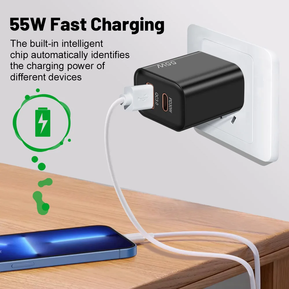 Total 55W USB C Charger Fast Charging Quick Charge 3.0 For iPhone Pro Max Samsung Xiaomi PD 30W Cellphone Wall Charger Adapter