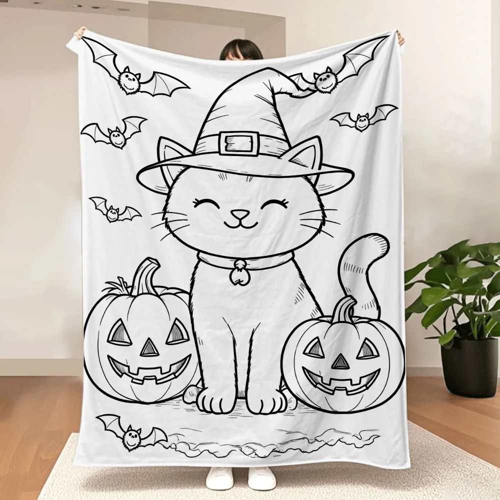 1pc Halloween witch cat and pumpkin pattern blanket with your own doodle colors. Great for travel, camping, living rooms, office