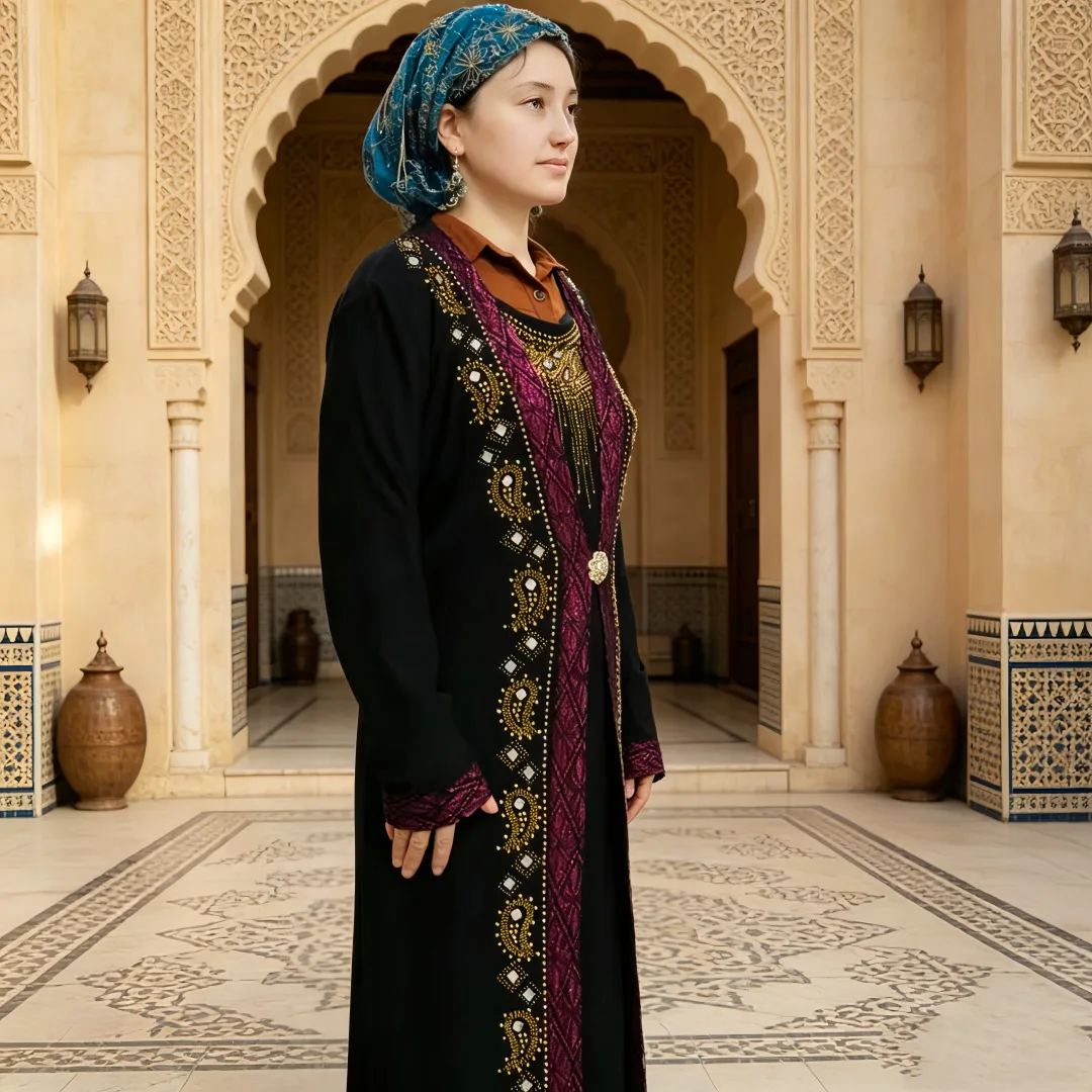 Women Long Sleeve Maxi Dress Rhinestone Embroidery Abaya Muslim Ramadan Jalabiya Modest Ladies Turkey Long Dress Islamic Outfit