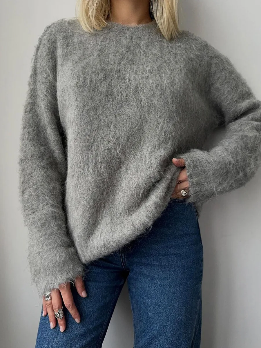 

Solid Color Round Neck Sweater for Women 2025 New Soft Knit Basic Style