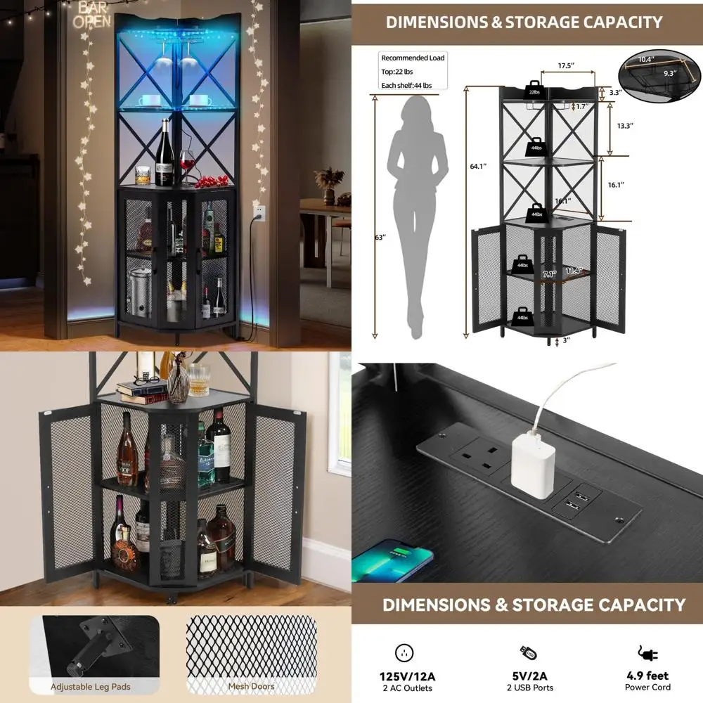 خزانة بار النبيذ المضاءة LED مكونة من 5 طبقات مع مخرج طاقة وحامل زجاجي وأثاث بار منزلي على الطراز الصناعي #1