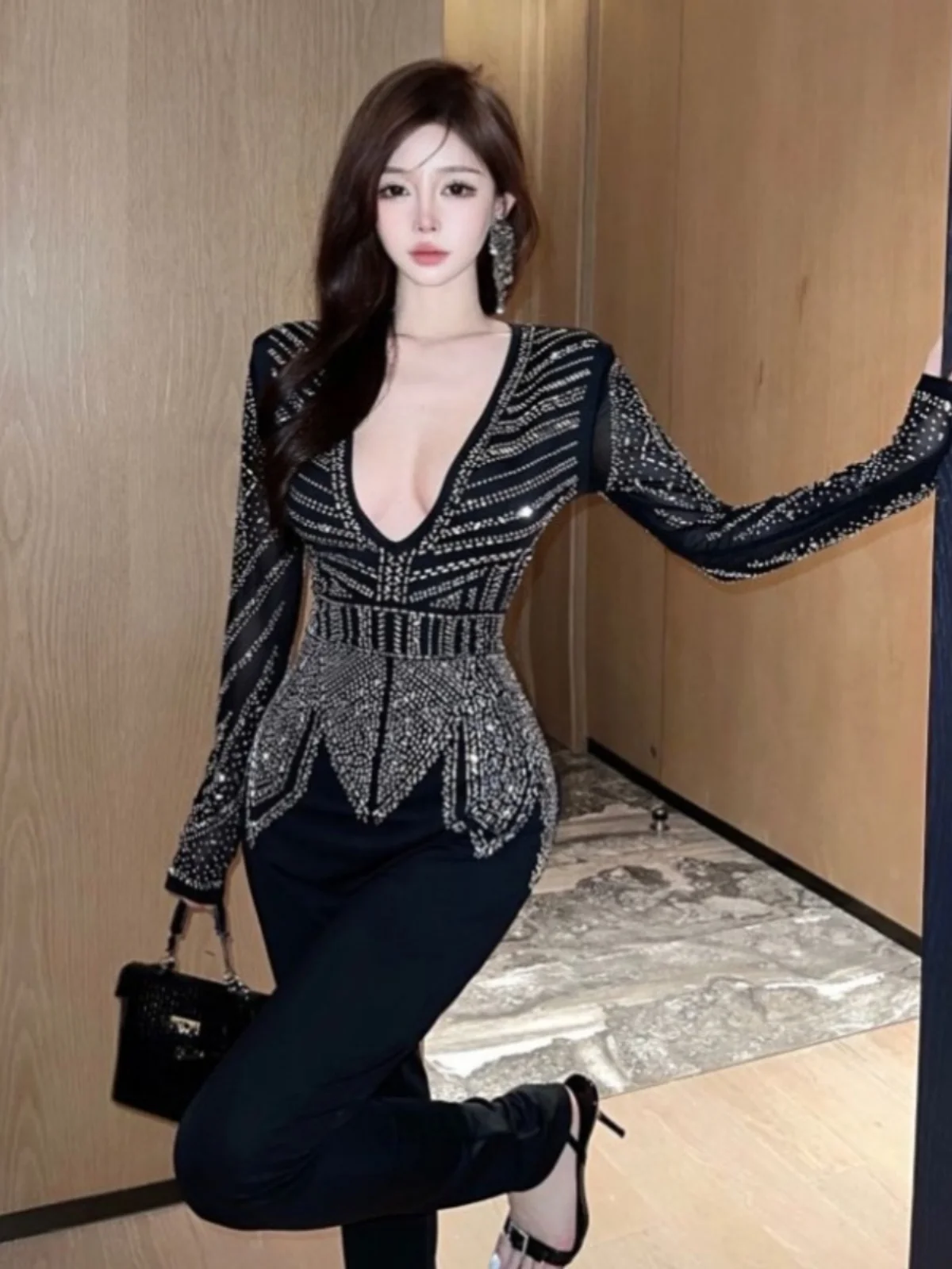 

Fashionable Sexy Celebrity One-Piece Pure Desire Spicy Girl Deep V-Neck Rhinestone Patchwork Design Slimming Jumpsuit