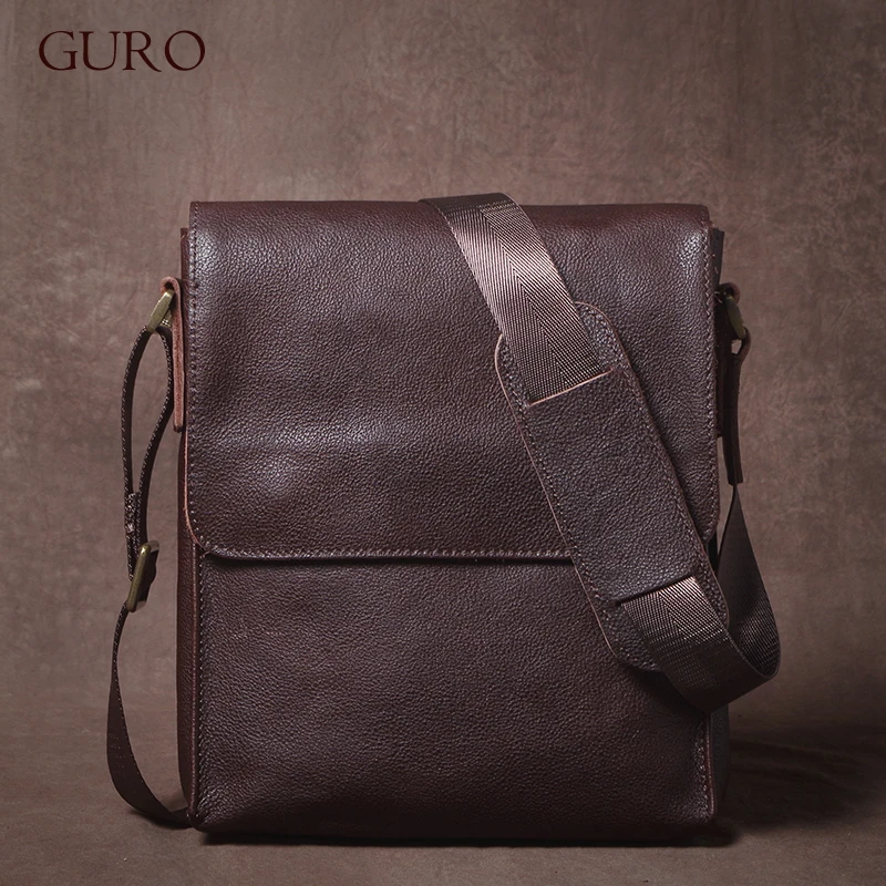 GURO High Quality Top Cowhide Shoulder Sling Bag Men's Luxury Genuine Leather Crossbody Retro Flap Messenger Bag For 8 Inch Ipad