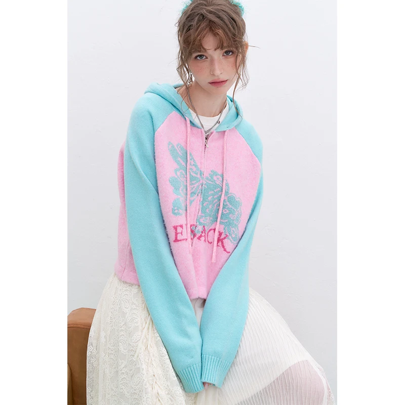 ELFSACK Y2K Color-Blocking Letter Print Raglan Hooded Knit Cardigan For Women