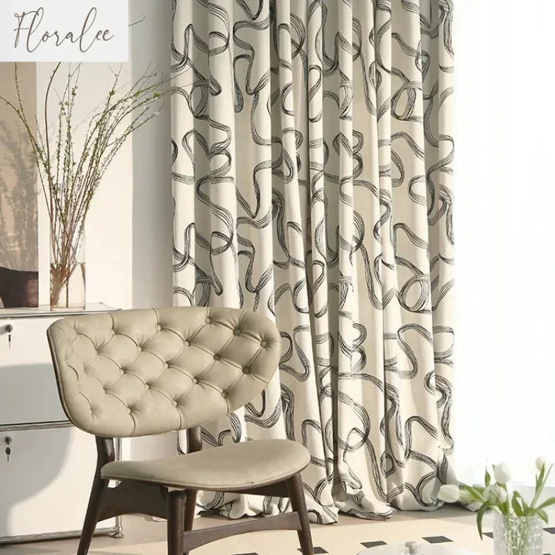 

Modern Fashion Abstract Art Curve Striped Chenille Black White Jacquard Luxury Curtains For Living Room Bedroom Dining Blackout
