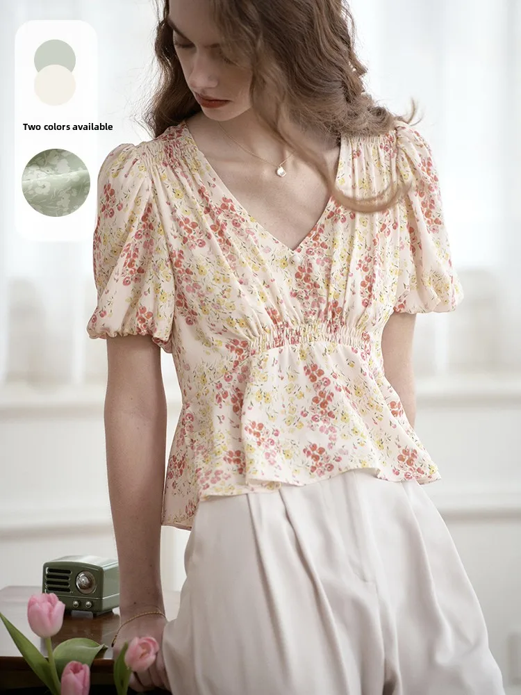

SimpleRetro Original Floral Print Loose Short Sleeve V-Neck Women's Shirt Summer Chiffon Top Sweet Style Regular Length