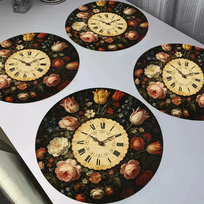 VIKAMA Retro Oil Painting Flower Clock Linen Placemats, Heat Resistant Washable Table Mat for Dining Table Kitchen Decor
