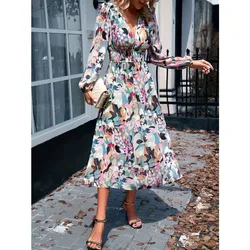 Boho Maxi Dress for Women, Long Sleeve, V Neck, Printed Beach Dress, Long Flowy Dresses, Casual Fall