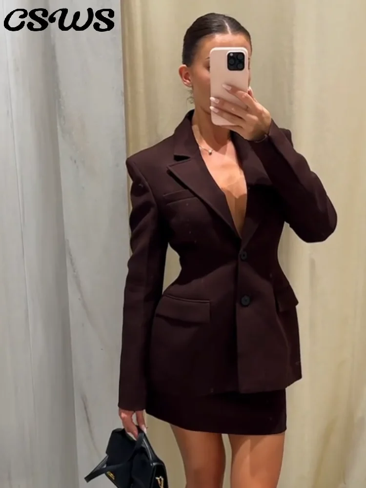 Elegant Lapel Blazer Skirt Set Women Casual Slim Long Sleeve Single Breasted Pocket Solid Mini Skirt 2025 Fashion Lady Outfit