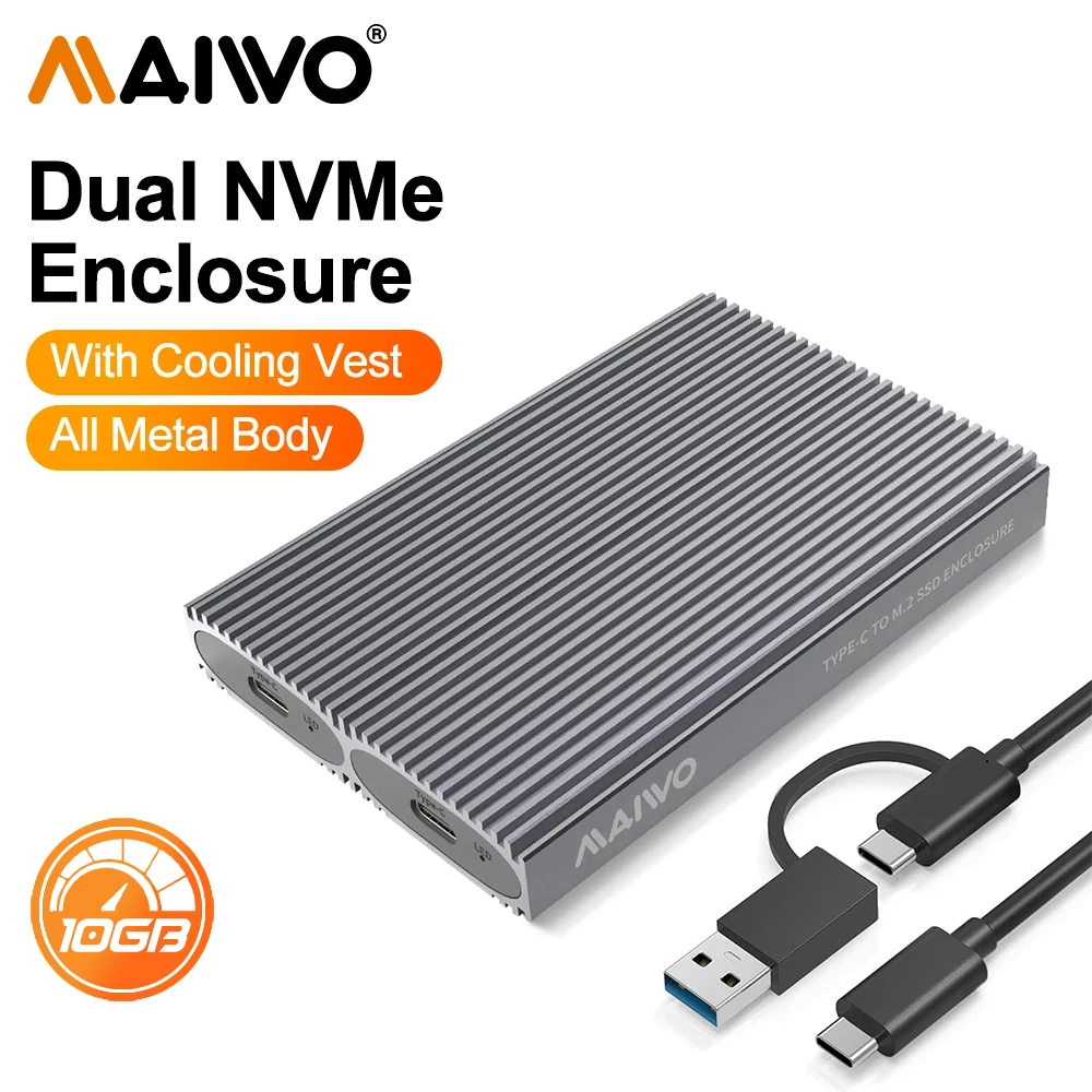 MAIWO 2 Bays 10Gbps NVMe M.2 SSD Enclosure USB C External Solid Drive Shell Case Tool Free  Aluminum Hard Drive Case for Laptop