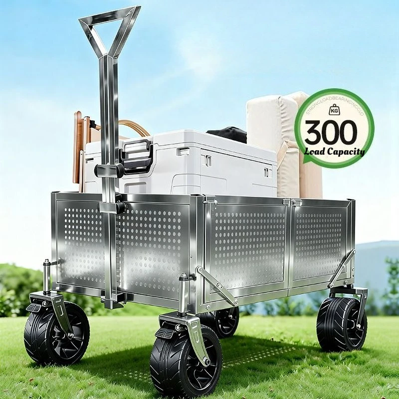 Outdoor Foldable Camping Trolley Oversized Durable Camping Trolley Rust‑proof Camp Car Pull Rod Trailer Solid Hiking Tools
