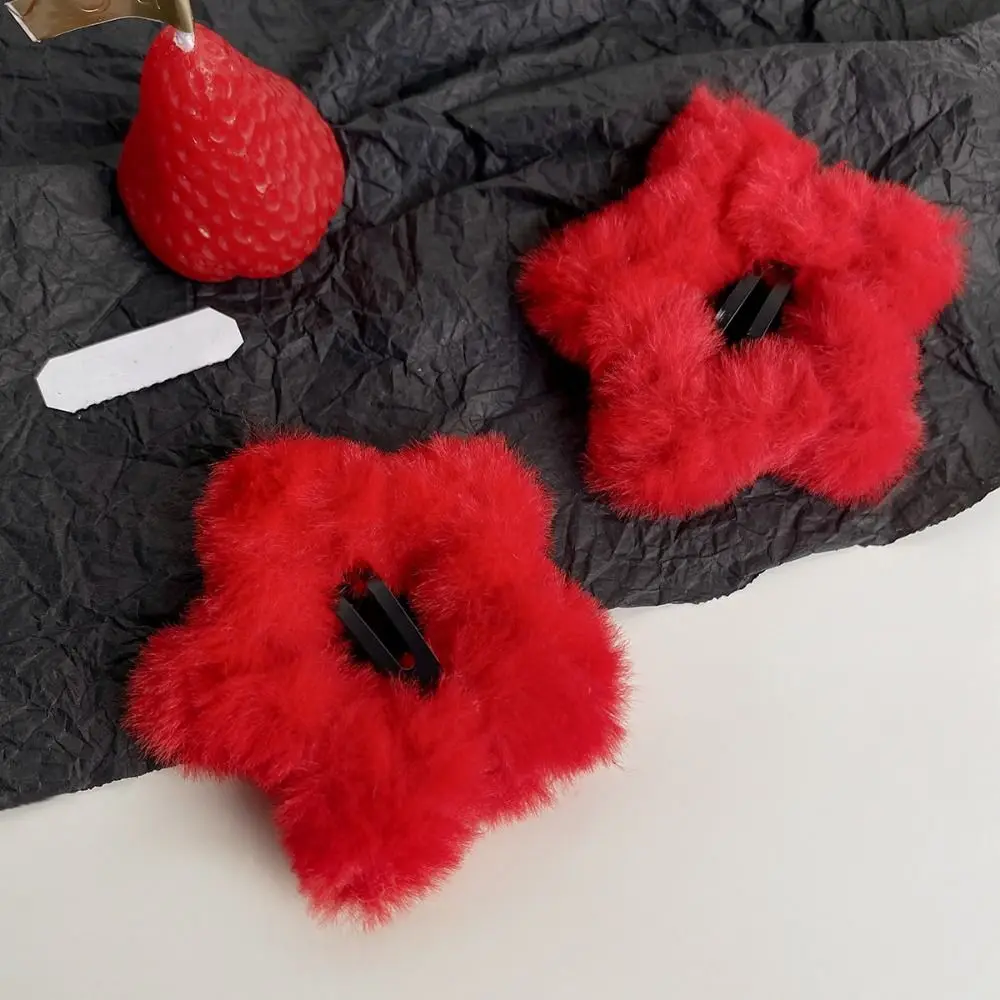 

1pair Waterdrop Plush Star Hair Clips Red Color Barrettes New Year Hairpins Korean Style Hair Side Clip Star Duckbill Clips