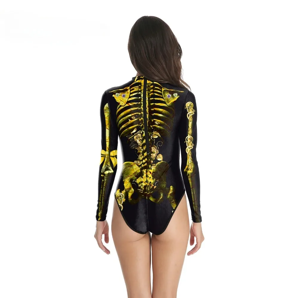 [Teanoon] Scary Ghost Punk Style Skeleton Pattern Print Women Halloween Dress Party Carnival Performance Bodysuits