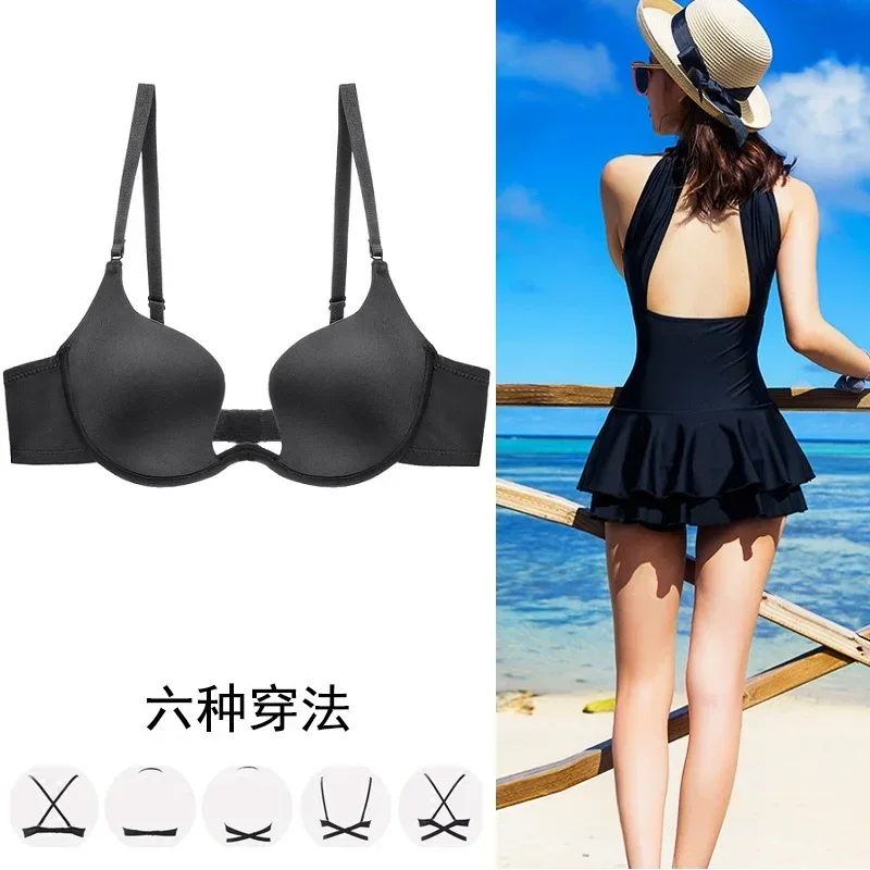 Deep U Low Cut Super Push Up Backless Bra for Women Fashion Sexy Cross Back Bras Solid Color One Piece Beauty Back Underwear