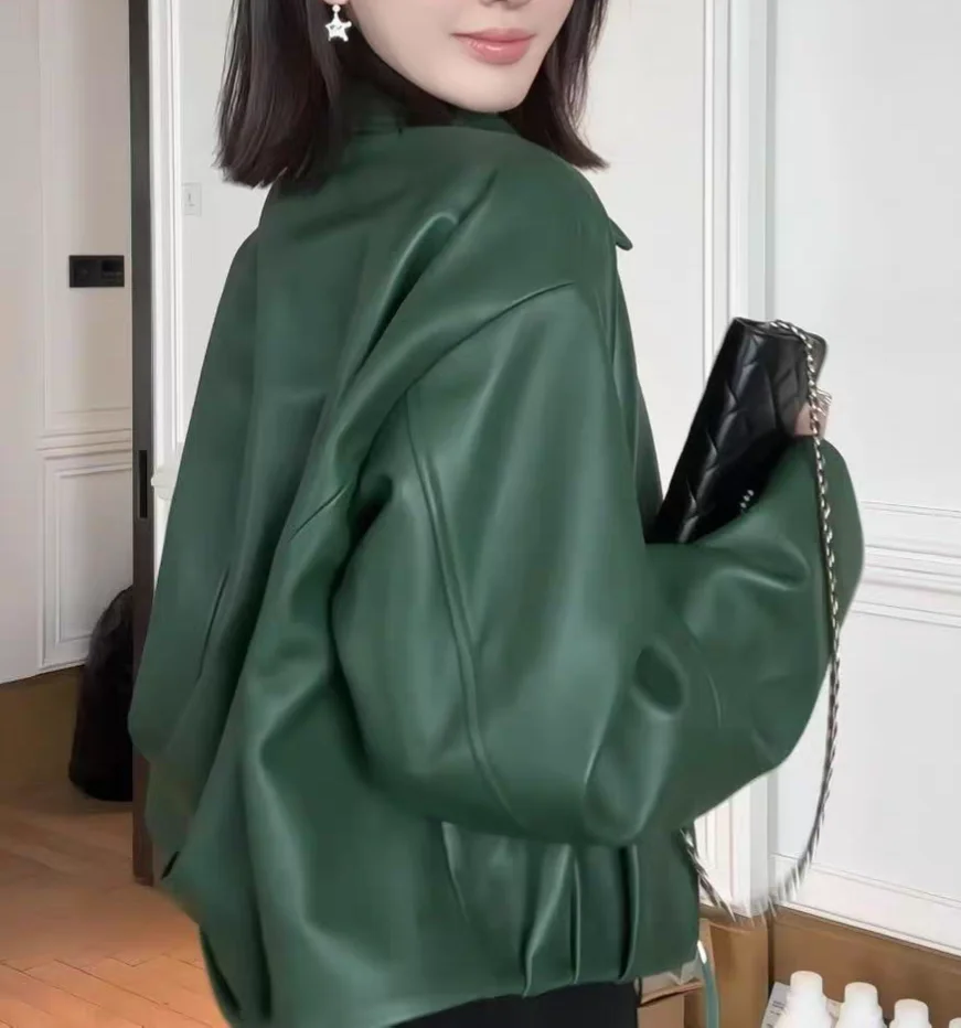 Damska kurtka motocyklowa z prawdziwej skóry bydlęcej, modna odzież wierzchnia do dojazdów do pracy, długa, zapinana na zamek, model 2025.