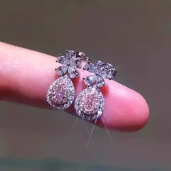 New Fashion Creative Small Flower Sweet Water Drop 925 SIlver Needle Jewelry Beautiful AAA Pink Diamond Gril Stud Earrings