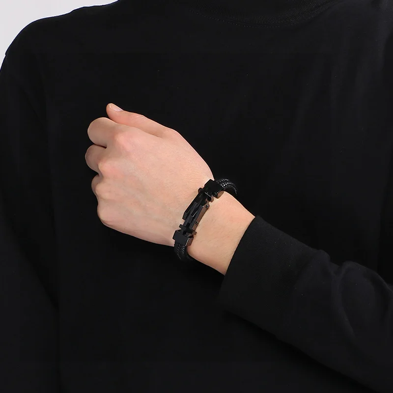 KALEN Creative Stainless Steel Leather Bracelet for Men Vintage Geometric Woven Cowhide Bangle Gift Trend Magnetic Clasp Jewelry