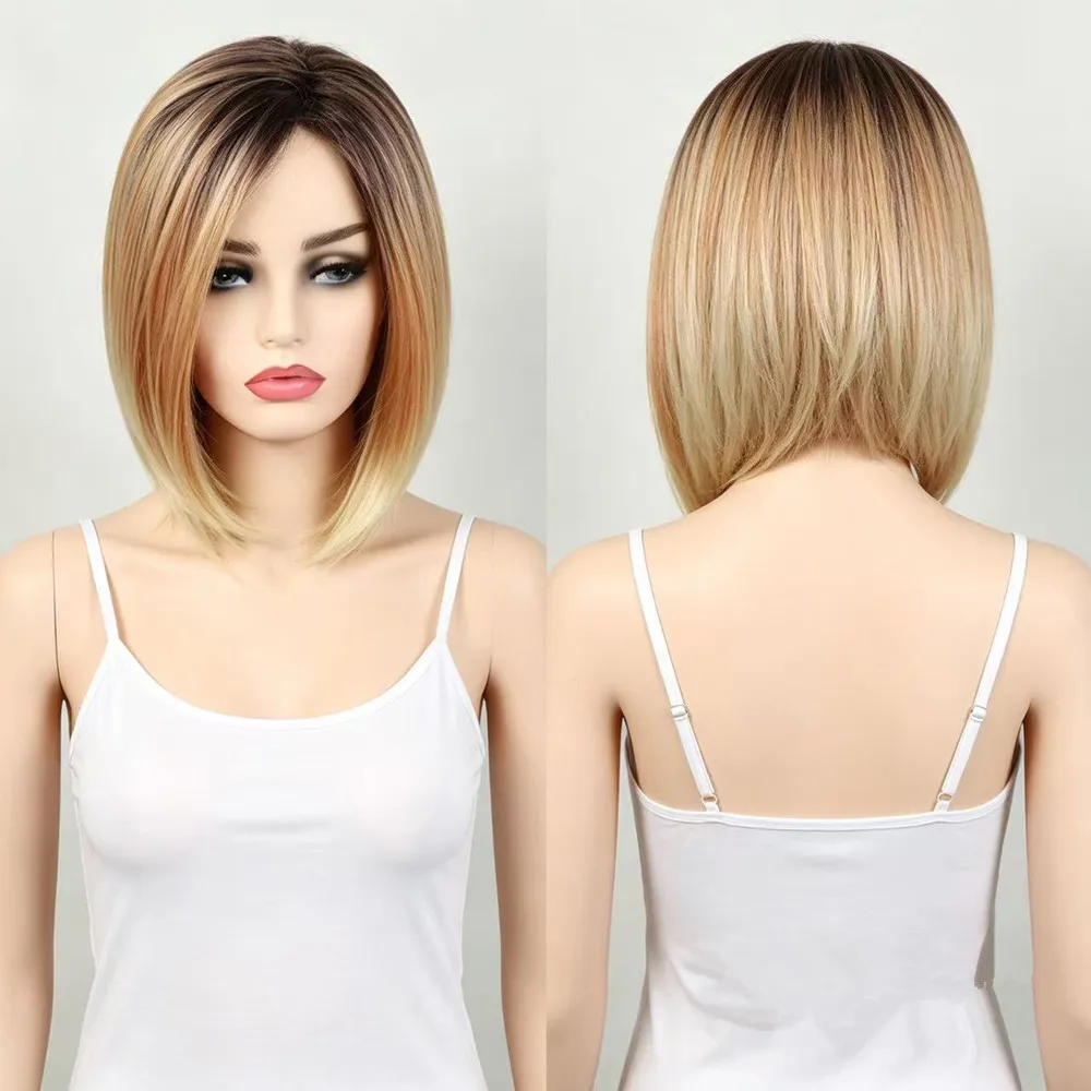 

Short Ombre Bob Wig For Women Synthetic Straight Hair Dark Root Ombre Blonde Wigs Middle Part Heat Resistant Fiber Cosplay Daily
