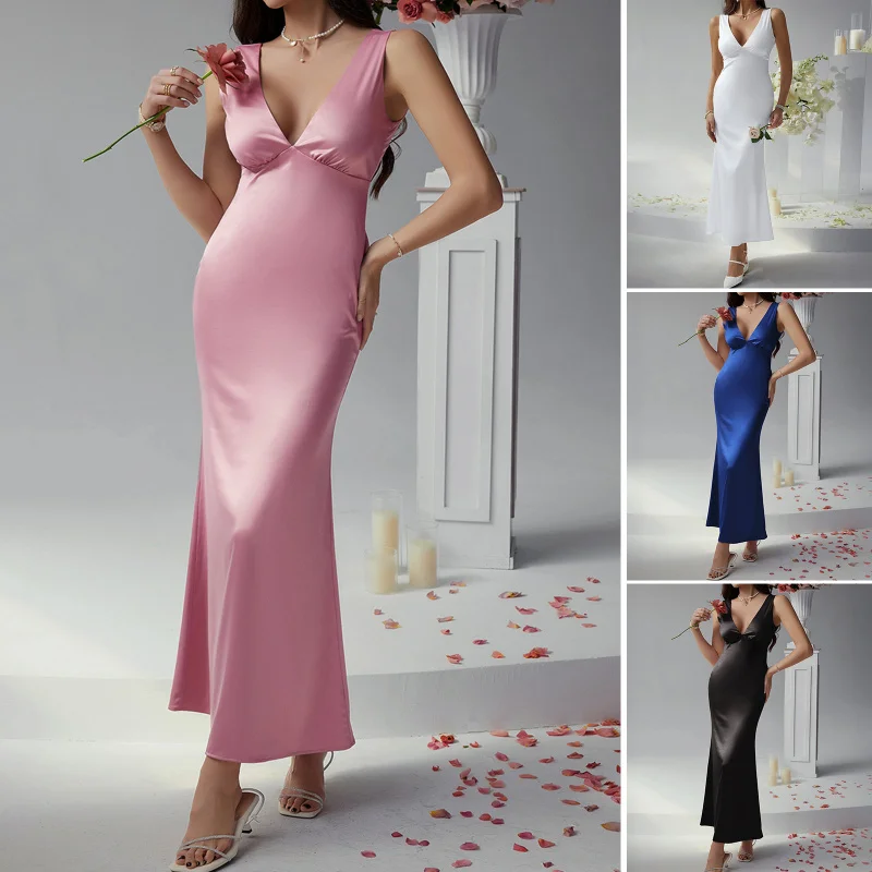 

Women'S Sexy Solid Color Slim Fit Deep V Backless Evening Dress Jumpsuit Long Skirt