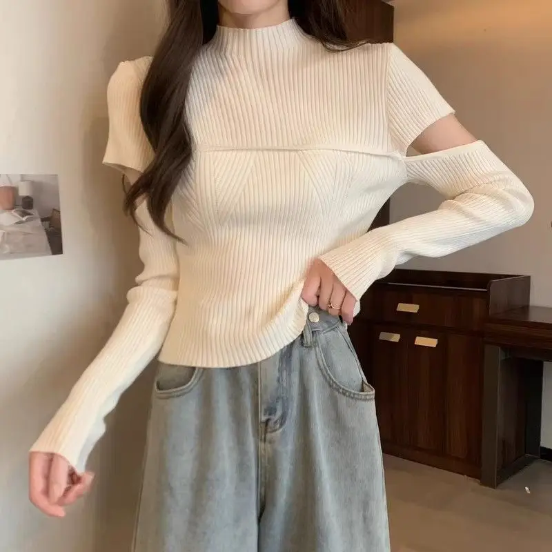 Spring Autumn New Half High Collar Long Sleeve Fashion Sweater Women High Street Hollow Out Slim Pullovers Elegant All-match Top