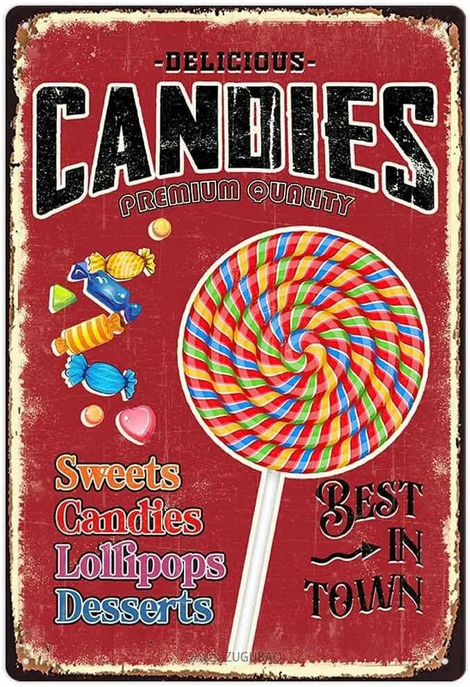 Candies Tin Sign Vintage Wall Decor, Sweets Candies Lollipops Desserts Store Retro Poster Metal Signs, 8X12 Inch Art Painting Pl