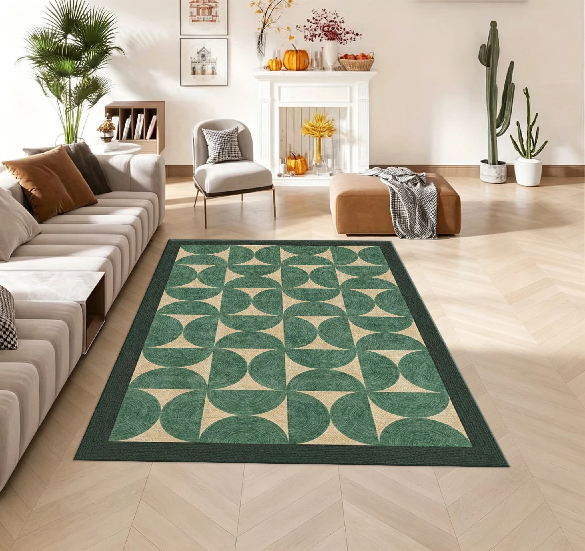 Retro Green Semi‑Circle Geometric Carpet Flooring Vintage Style Home Living Room Decor Area Rug