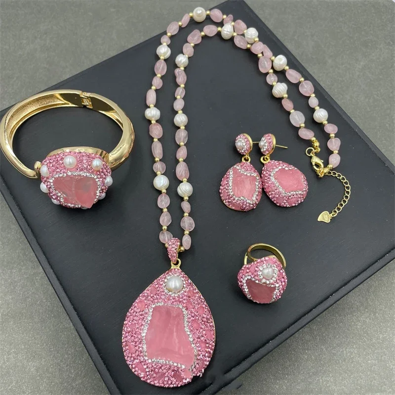 

New Natural Baroque Freshwater Pearl Rose Quartz Set Full Rhinestone Original Raw Pink Crystal Personalized Women's Jewelry