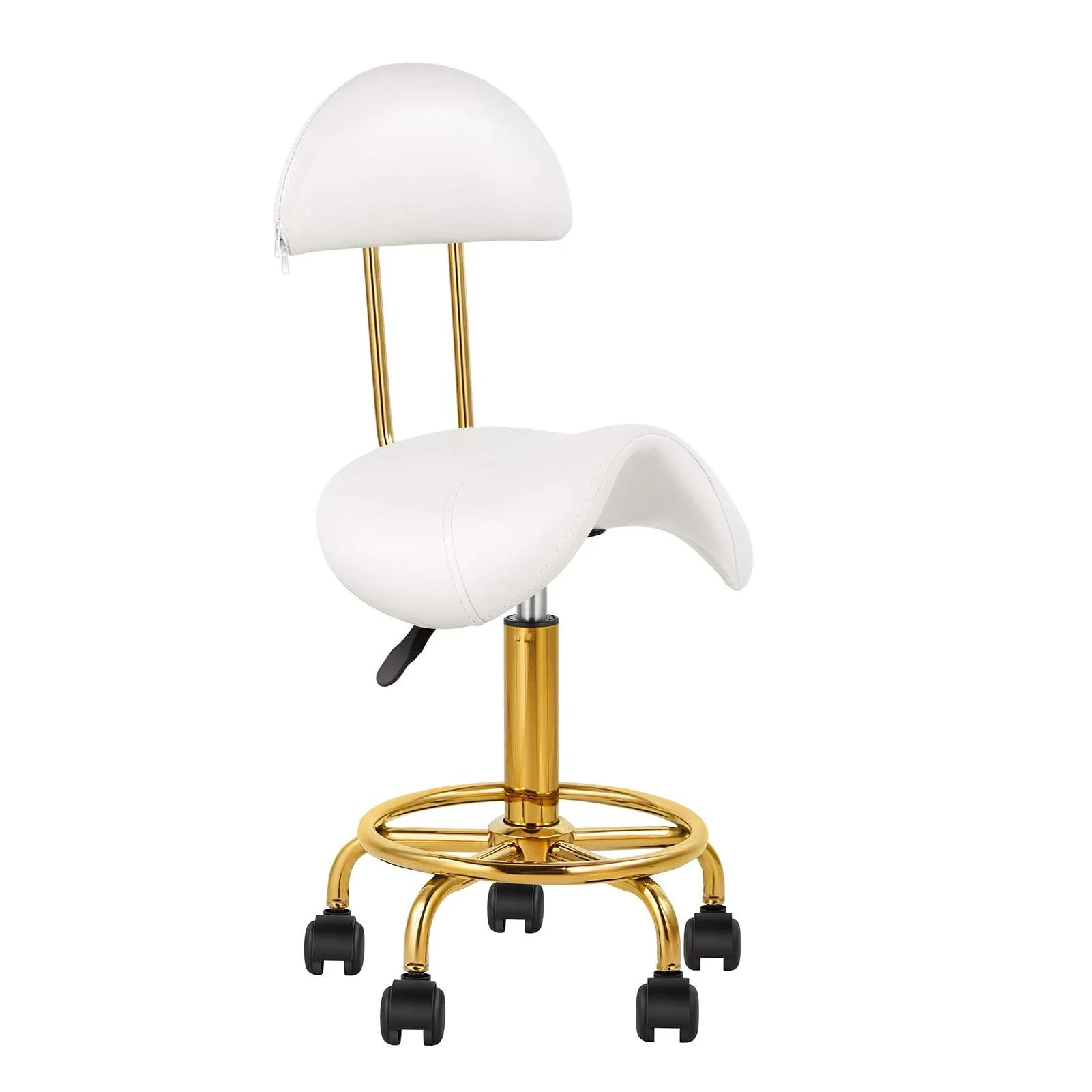 

Saddle Stool with Back Support Ergonomic Barber Gold Chair with Wheels Hydraulic Stool for Tattoo Salon Shoppe Spa