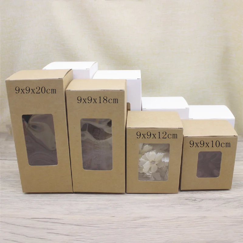 10pcs DIY Vintage Kraft Paper Boxes, White Large-Sized Window Paper Gift Boxes, Cake Packaging Boxes, Christmas Gift Boxes